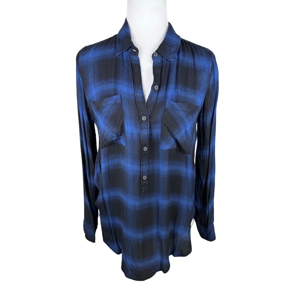 Lucky Brand Women's Blue Plaid Long Sleeve 1/2 Button Pocket Shirt